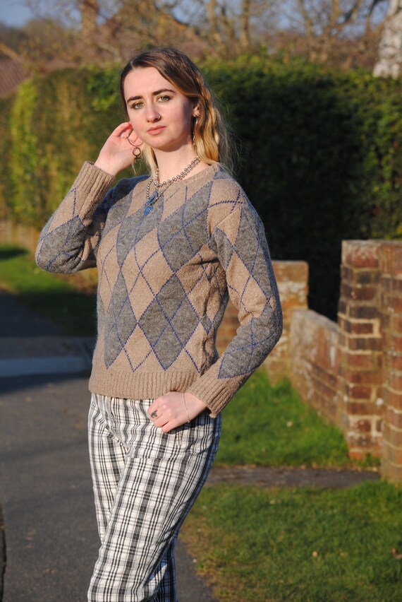 90s/Y2K Vintage Beige Argyle Jumper - image 4