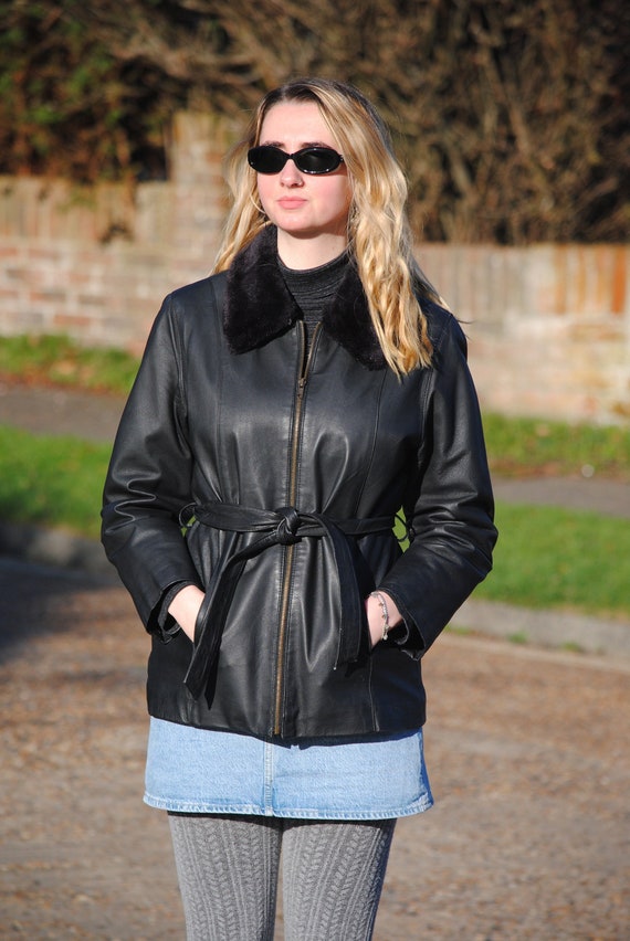 Black leather jacket with tie cheap