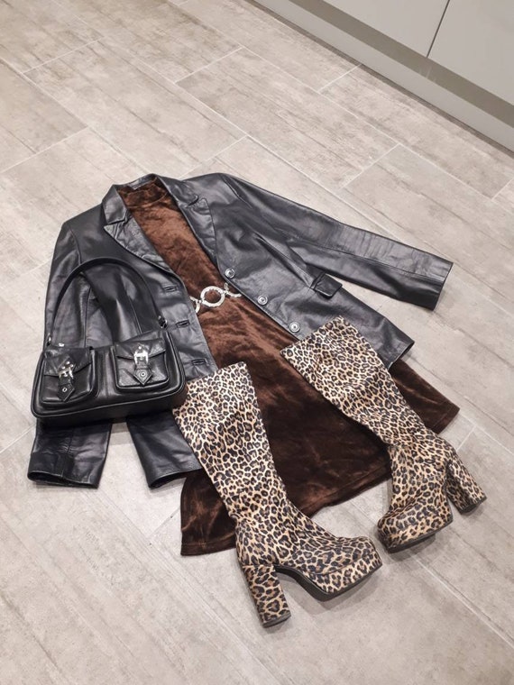 90s Vintage Faux Fur Leopard Print Knee High Platf