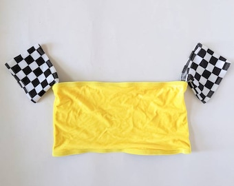 90s Style Velvet Yellow Bardot Crop Top with Checkerboard Sleeves