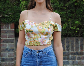 90s/Y2K Vintage Floral Bardot/Cold Shoulder Crop Top