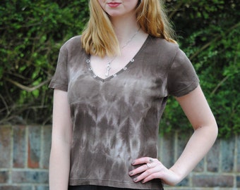 90s Vintage Ribbed Tie Dye Bleached Eyelet T-Shirt Top