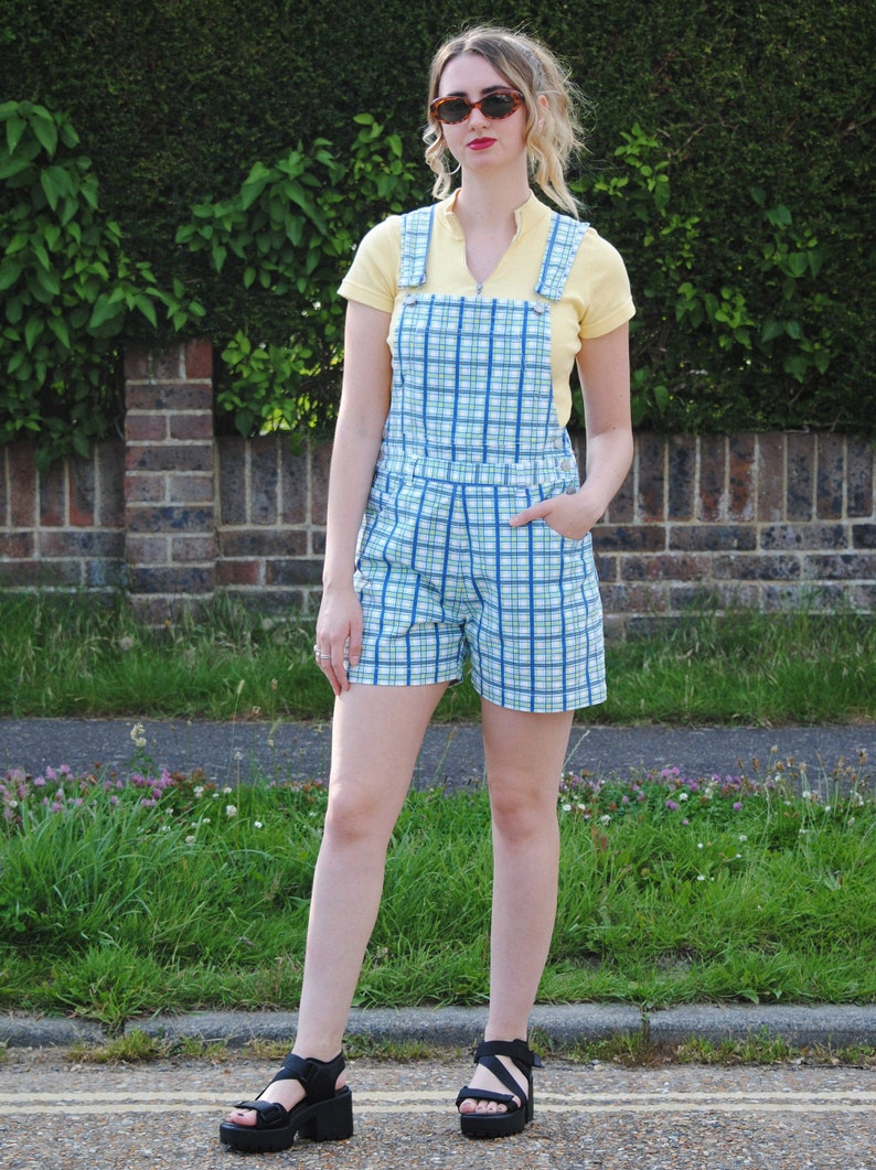 Y2K90s Vintage Checked Dungarees Shorts Overalls