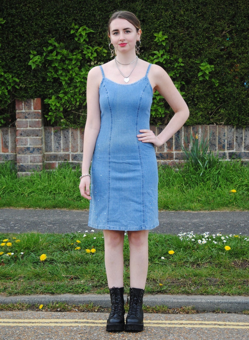 90s/Y2K Vintage Denim Jean Knee Length Midi Dress image 5