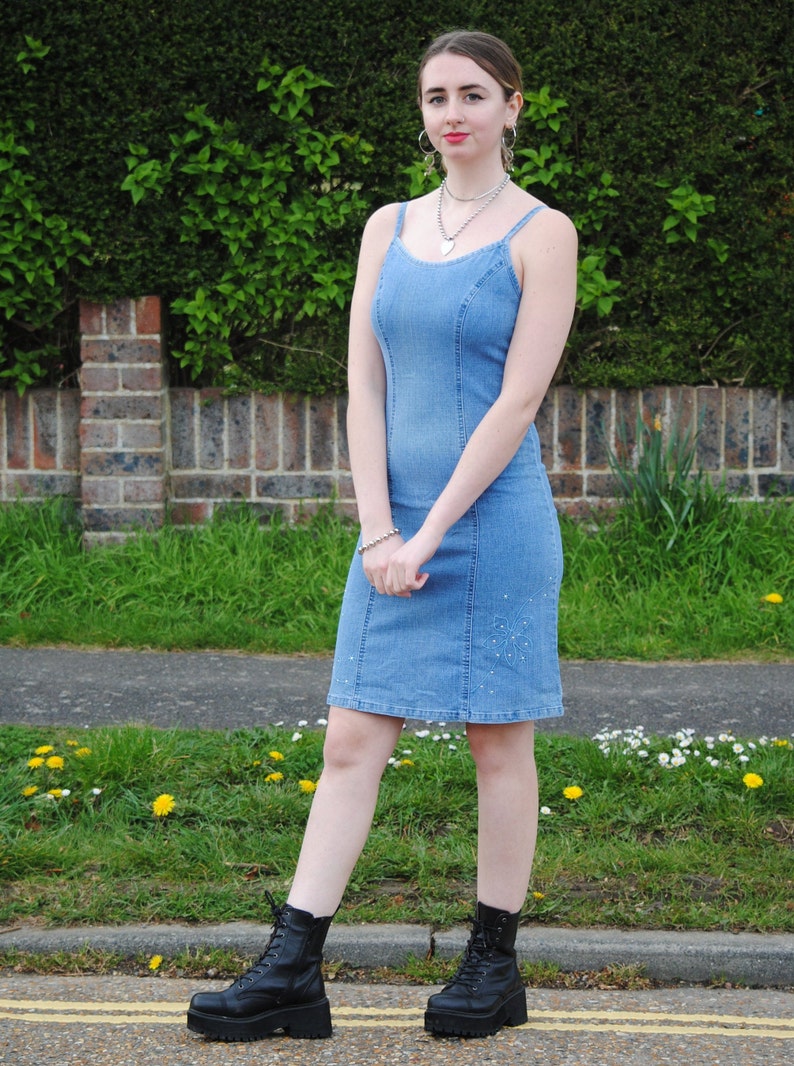 90s/Y2K Vintage Denim Jean Knee Length Midi Dress image 3