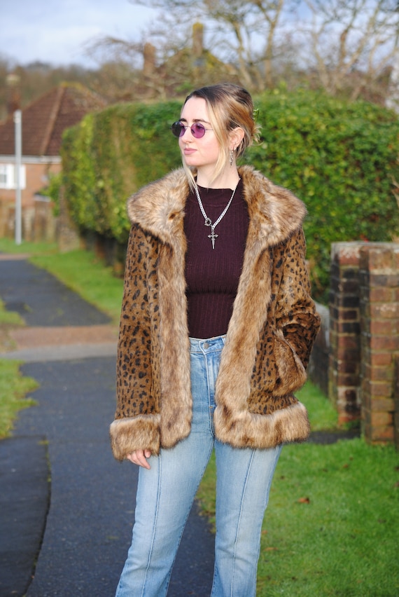 90s/Y2K Vintage Leopard Print Faux Fur Trim Coat
