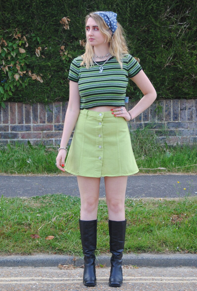 90s Deadstock Vintage Green Denim Button Up Mini Skirt