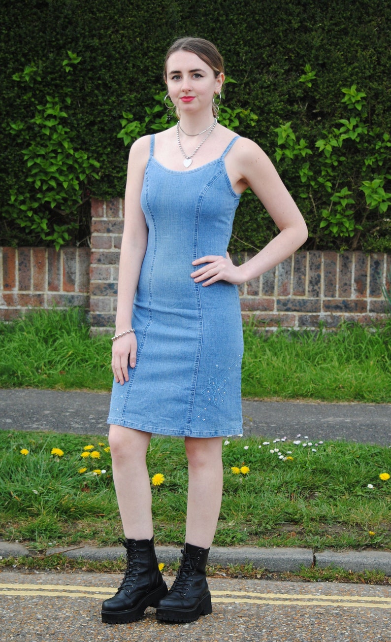 90s/Y2K Vintage Denim Jean Knee Length Midi Dress image 6