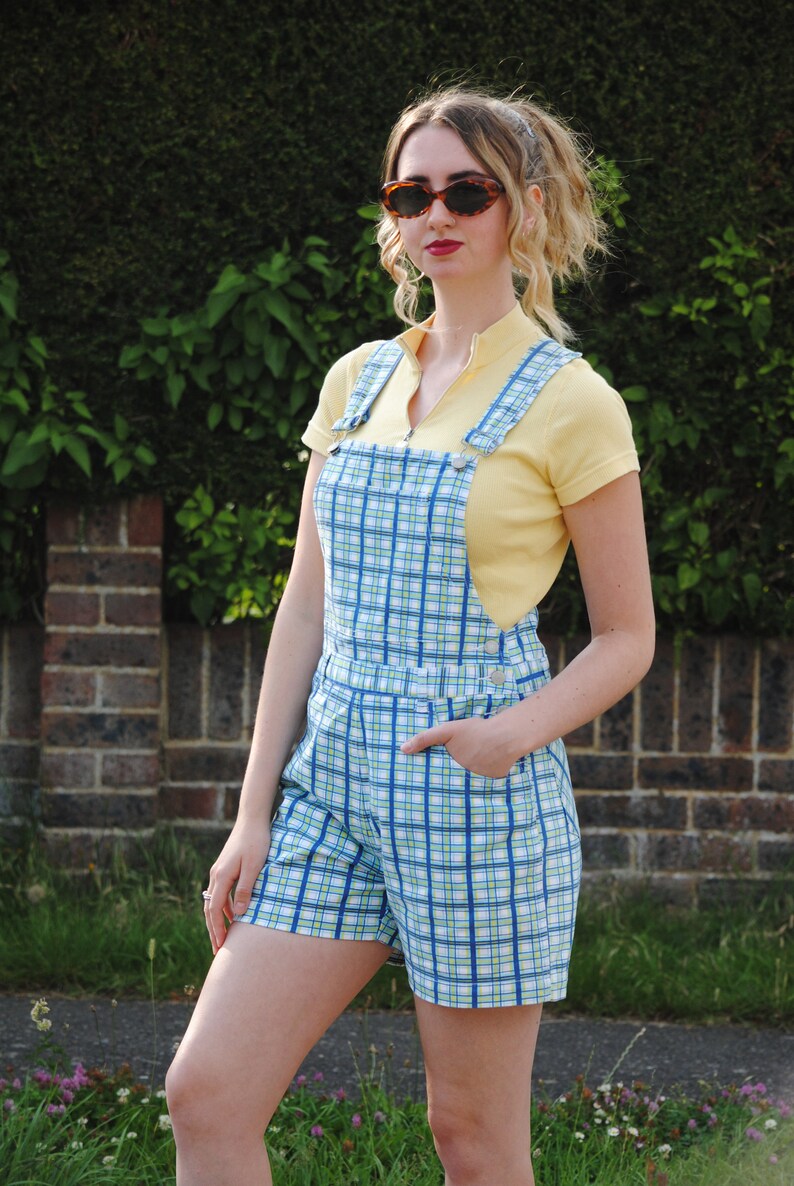 Y2K90s Vintage Checked Dungarees Shorts Overalls