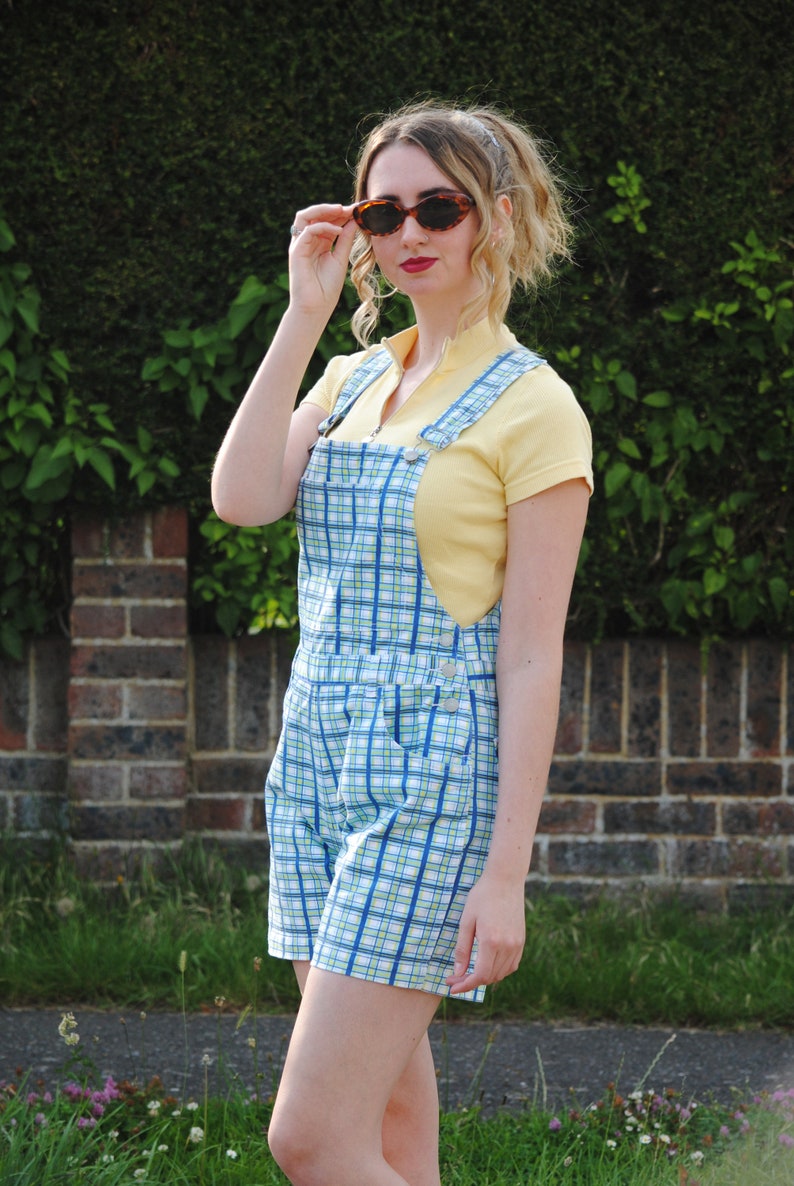 Y2K90s Vintage Checked Dungarees Shorts Overalls