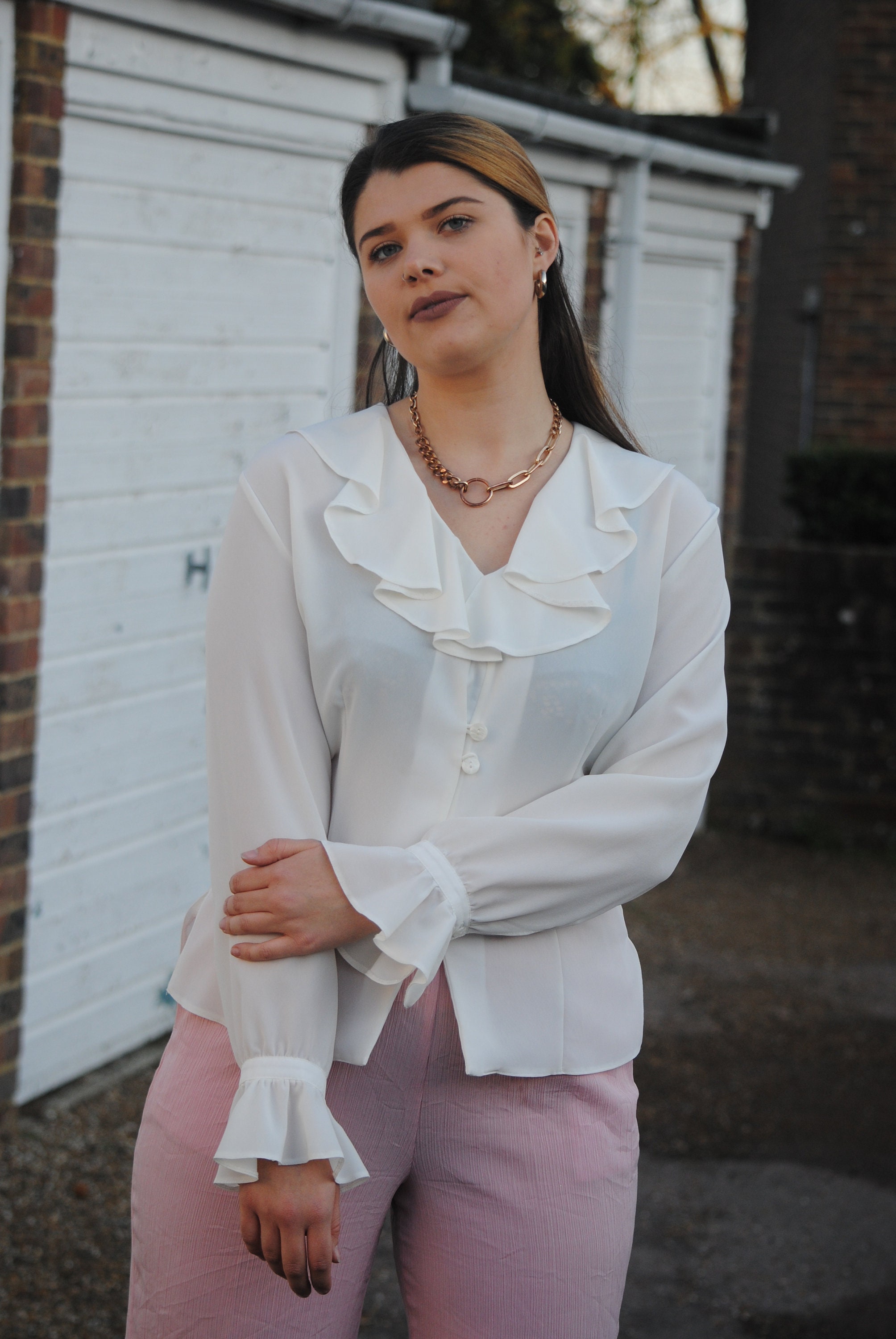 クリスマス特集2024 Vintage 90s Cream and Collar Frill Oversized With Blouse トップス