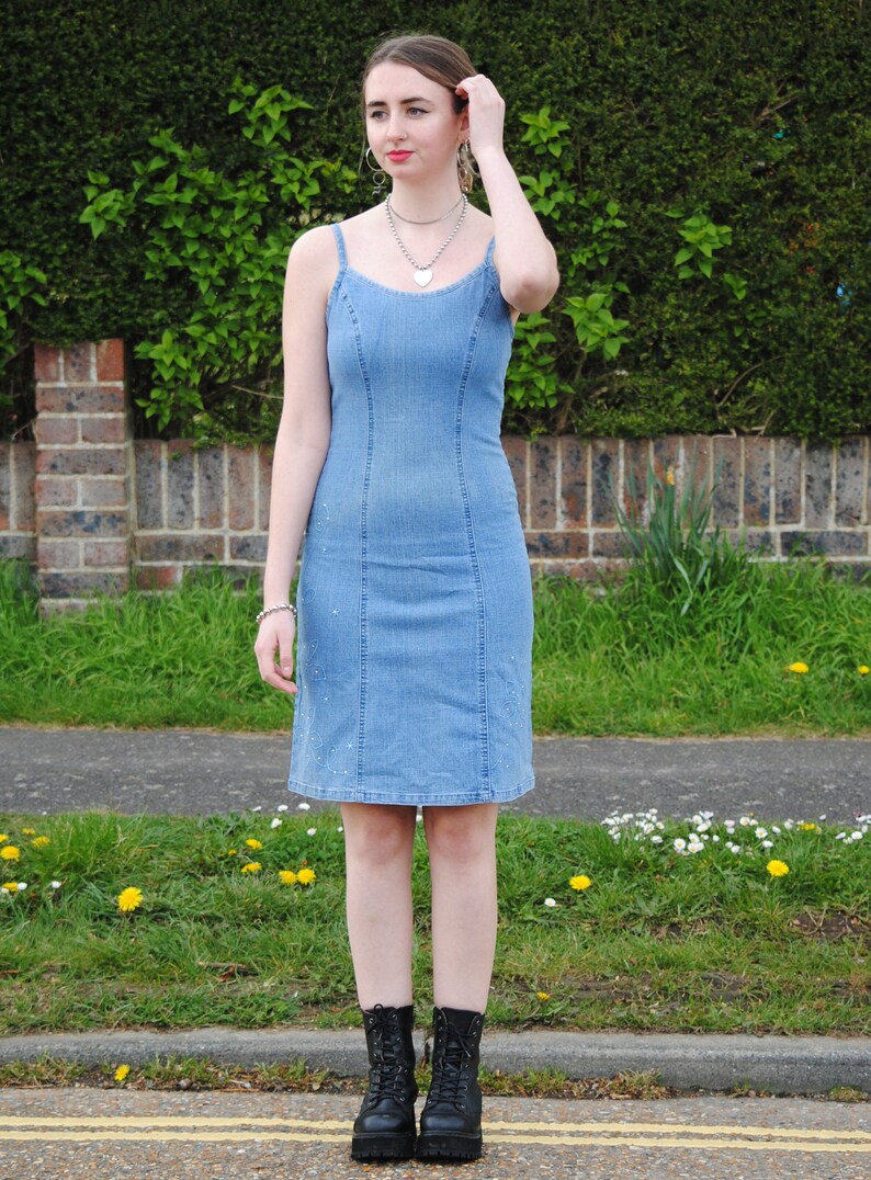 90s/Y2K Vintage Denim Jean Knee Length Midi Dress image 2