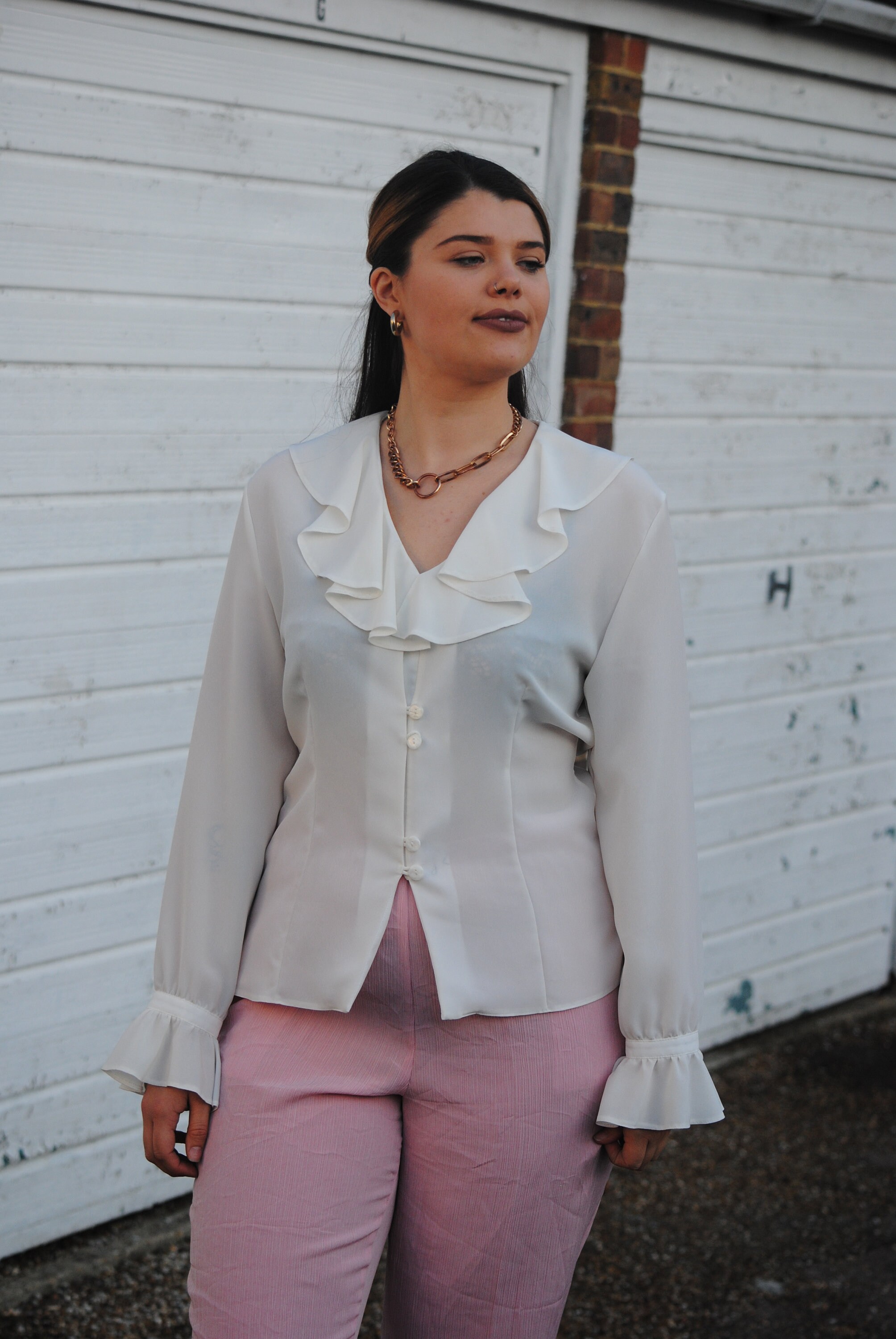 90s Vintage Cream Blouse With Oversized Frill Collar and