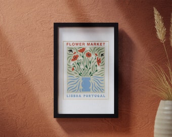 Flower Market Lisboa Portugal Framed Print | Lisboa Travel Art, Modern Poster, Botanical Wall Art, Trendy Wall Art, Floral Illustration