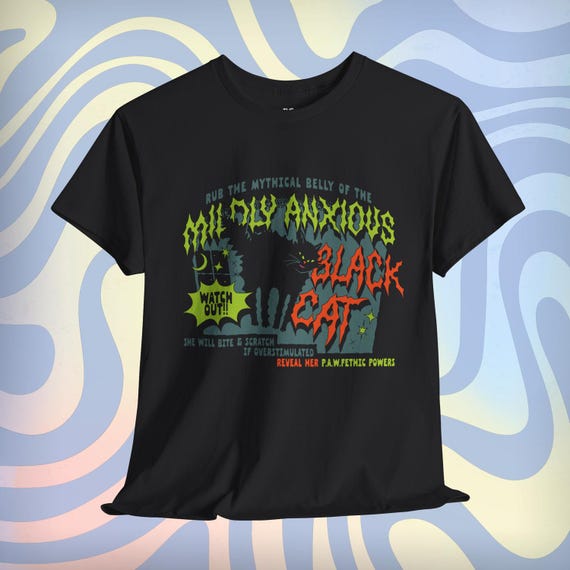 Mildly Anxious Black Cat | Halloween T-Shirt for Cat Lovers, Funny Unisex Heavy Cotton Tee