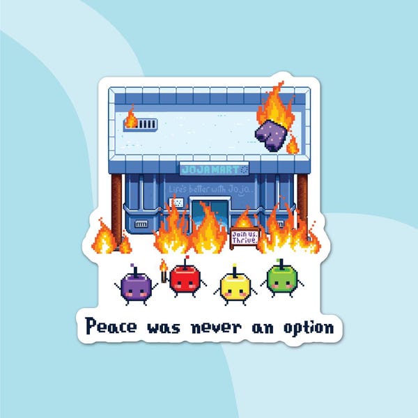 Pegatina de Stardew Valley, Junimo Army vs. Joja Mart, regalo para gamers. Vinilo 100 % para decoración de interiores. Calcomanía para portátil.