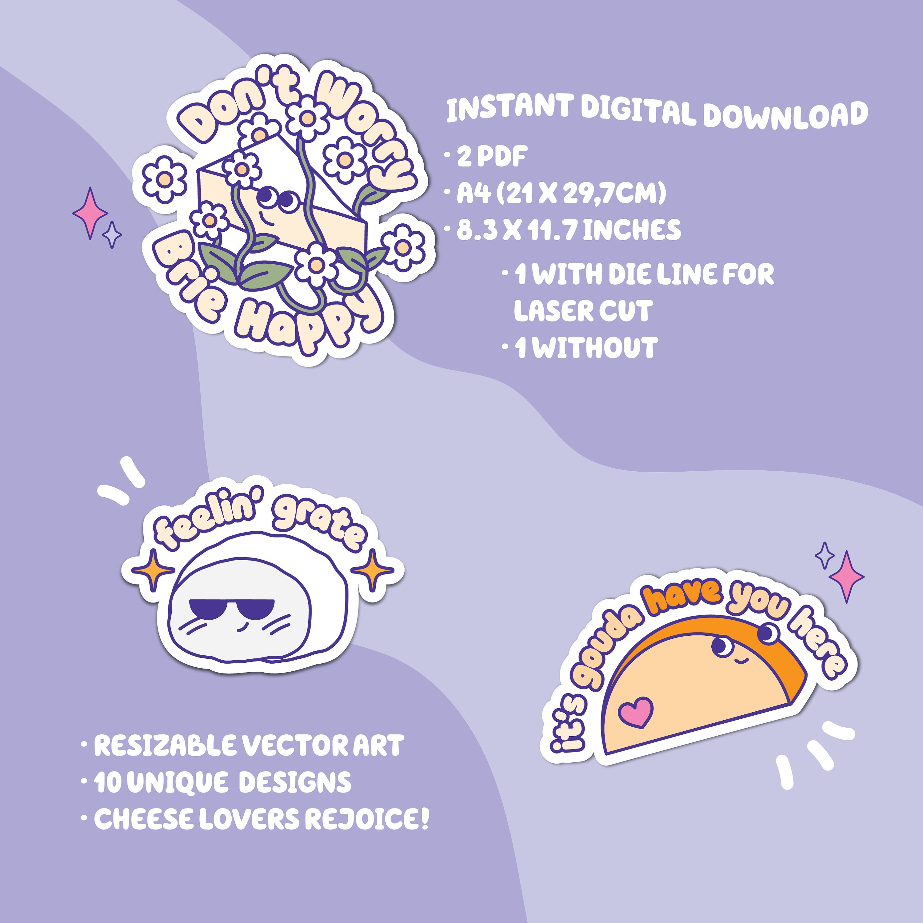 Cheese Stickers DIGITAL DOWNLOAD | 10 Unique Designs Cute Stationery ...