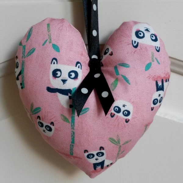 Panda gift, panda fabric hanging heart, black white and pink girls gift, nursery gift, cute animal fabric heart, panda decor for bedroom.