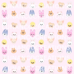 May include: A repeating pattern of cartoon animal faces, including bunnies, foxes, chicks, and dogs, in various colors like pink, white, yellow, and tan. The background is a soft pink. The design is whimsical and playful.