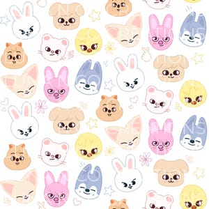 May include: A repeating pattern of cartoon animal faces, including bunnies, dogs, foxes, and chicks, in various colours like pink, beige, and blue, on a white background. The design also features small stars and hearts.