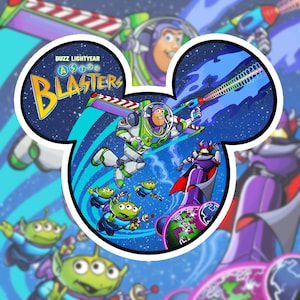 May include: A colorful illustration featuring Buzz Lightyear and other characters from the movie Toy Story. The image is in the shape of Mickey Mouse ears and includes the text "Buzz Lightyear Astro Blasters". Buzz is in a green and white spacesuit.