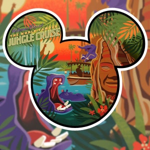 May include: A colorful illustration in the shape of Mickey Mouse's head, featuring a jungle scene. The image includes a boat, hippos, an elephant, and the text "Welcome Aboard The World Famous Jungle Cruise."
