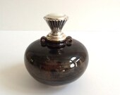 Mid Century Asian Ceramic Perfume Bottle, Silver Plate Mother of Pearl Stopper, Brown Glazed Ceramic Perfume Bottle, Art Deco, Vanity Decor