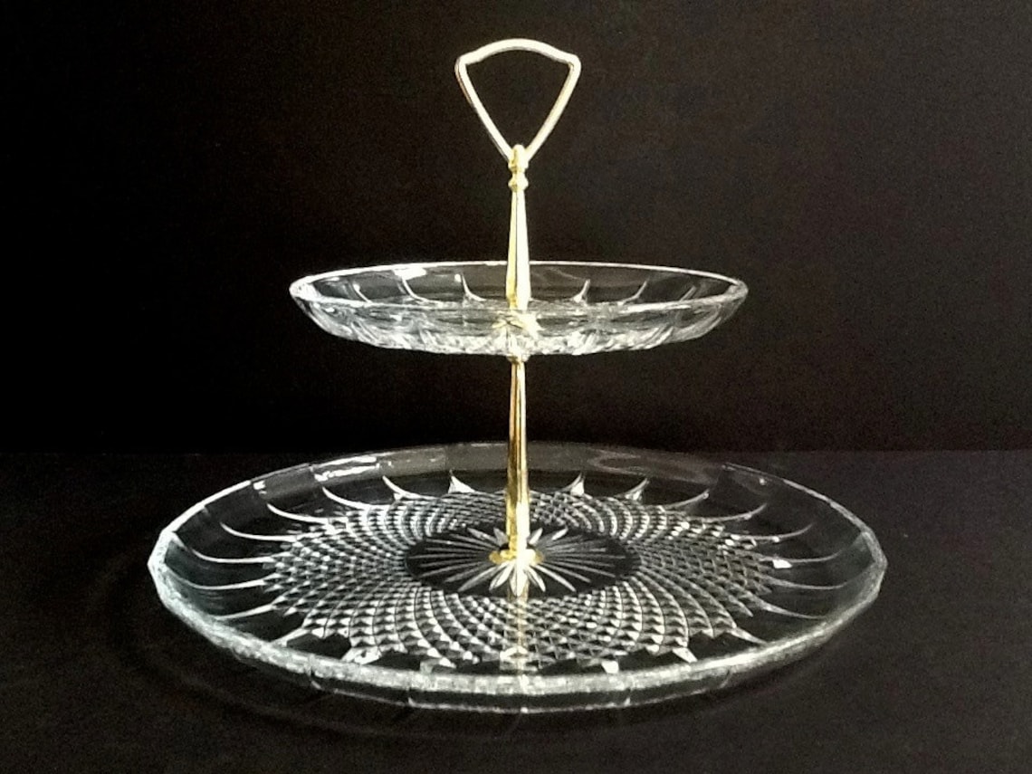 Two Tier Cut Glass Serving Tray with Gold Toned Center Handle Etsy