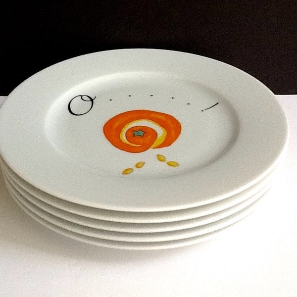 Vintage Porcelaine de Sologne Appetizer Plates, Set of 5, White Canape Plates w/Oranges, Porcelaine de Limoges, Made in France