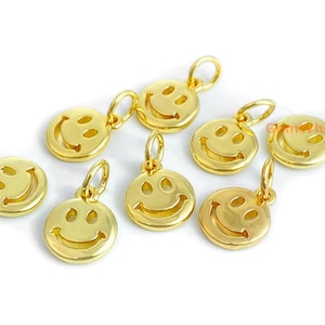 2PCS 8mm Mini Gold Happy Face Charm, Double Sided Smile Face Charms, Emoticon Face in Gold, Round Dainty Smile charm YGLO