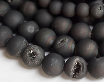 15&quot; 6mm/8mm/10mm Plating dark grey Druzy Agate round beads, matte dark grey druzy agate