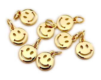 2PCS 8mm Mini Gold Happy Face Charm, Double Sided Smile Face Charms, Emoticon Face in Gold, Round Dainty Smile charm YGLO