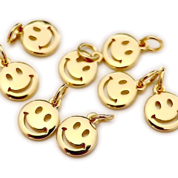 2PCS 8mm Mini Gold Happy Face Charm, Double Sided Smile Face Charms, Emoticon Face in Gold, Round Dainty Smile charm YGLO
