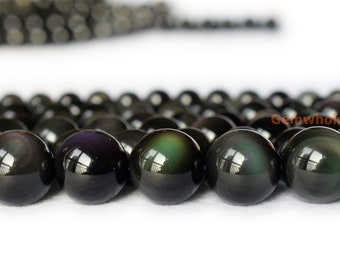 15.5&quot; Natural rainbow obsidian 6mm/8mm/10mm round beads, Black obsidian jewelry beads