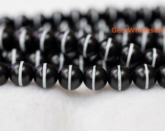 14.5" Black color Bulk tibetan Dzi round beads 8mm/10mm/12mm, black Dzi agate round beads with white line, semi-precious stone