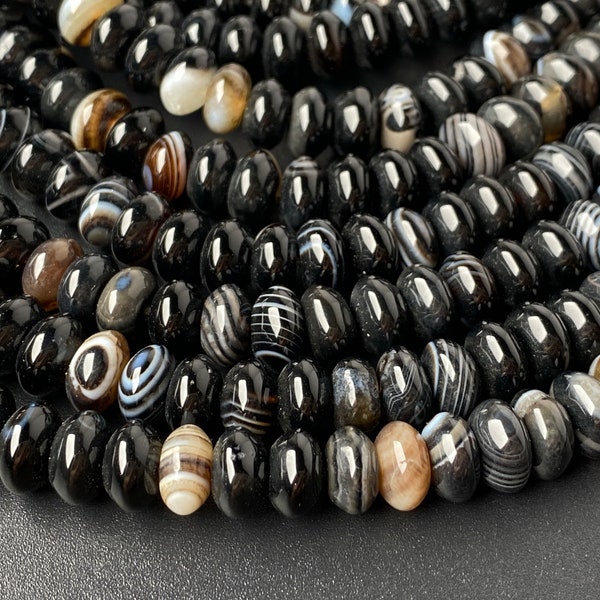 15.5" 8x4mm Black stripe agate rondelle beads, Black stripe agate disc beads, Black stripe agate roundel beads 8x4mm