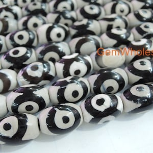 14.5 Black color Bulk tibetan Dzi beads oval shape 10x14mm rice beads, black Dzi agate rice beads with eye, semi-precious stone image 1