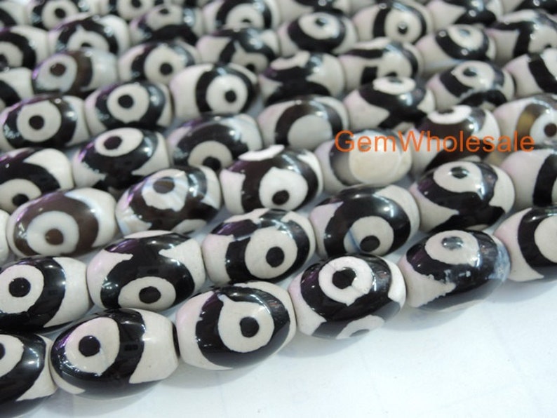 14.5 Black color Bulk tibetan Dzi beads oval shape 10x14mm rice beads, black Dzi agate rice beads with eye, semi-precious stone image 1