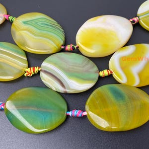 15.5&quot; 30x40mm yellow green stripe agate big flat oval pendant beads ZGYG