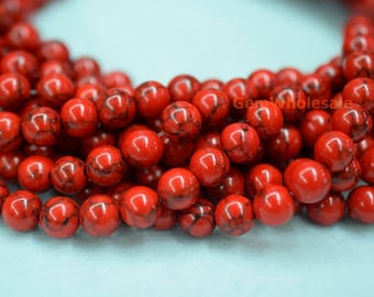 Perles rondes de magnésite rouge 15,5 po. 4 mm/6 mm, perles de pierres précieuses rouges, perles de pierre de bricolage rouges, imitation de turquoise rouge teint