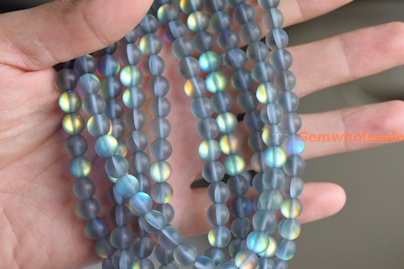 Wholesale 10 Strands 8mm Gray Gleamy Rainbow Moonstone Gems Round