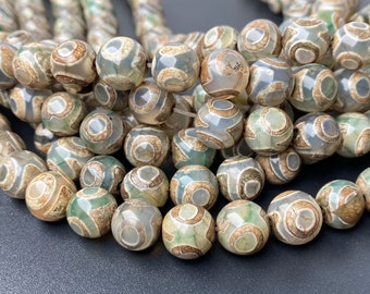 14" Antique Green color Bulk tibetan Dzi beads 8mm/10mm/12mm round beads,Antique Green Dzi agate with round eye, semi-precious stone,ZGYG