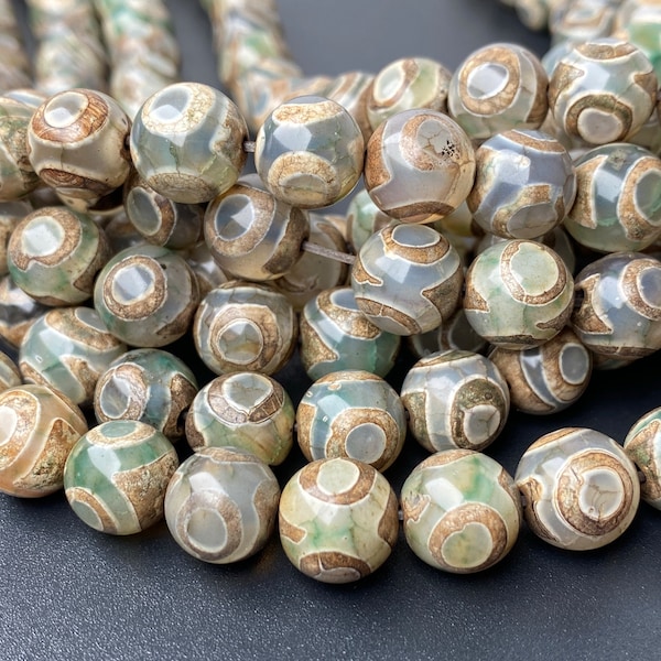14" couleur vert antique en vrac perles tibétaines Dzi 8 mm/10 mm, agate Dzi verte antique avec oeil rond, pierre semi-précieuse, ZGYG