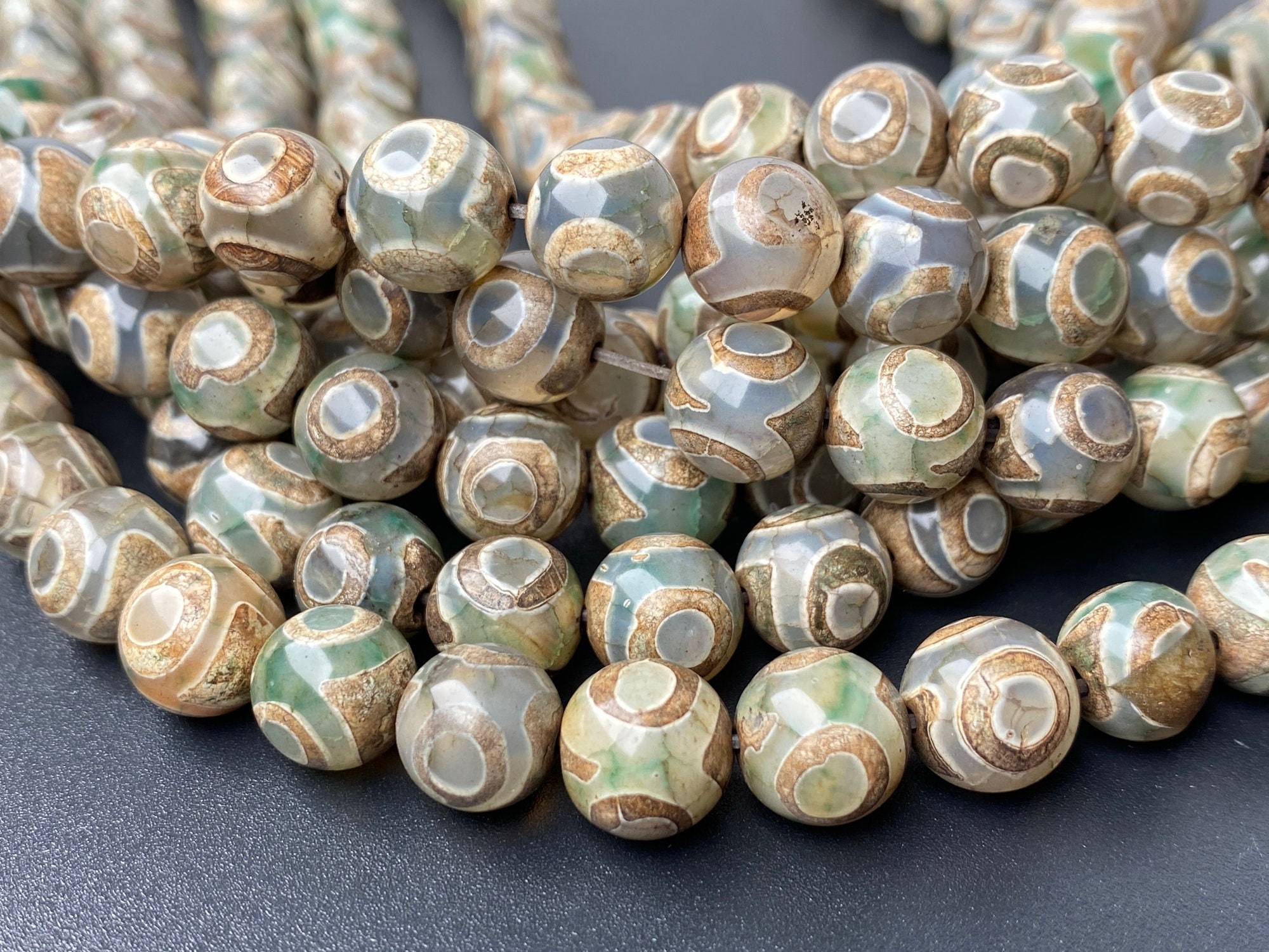 14" Antique Green color Bulk tibetan Dzi beads 8mm/10mm/12mm round beads,Antique Green Dzi agate with round eye, semi-precious stone,ZGYG