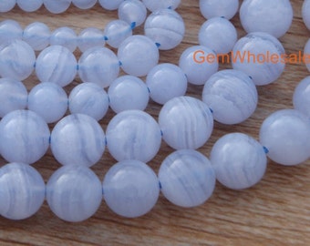 Perle rotonde di agata blu pizzo naturale da 15,5" 8 mm/10 mm, pietra preziosa di calcedonio azzurro chiaro genuina AAA