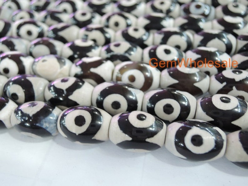 14.5 Black color Bulk tibetan Dzi beads oval shape 10x14mm rice beads, black Dzi agate rice beads with eye, semi-precious stone image 2