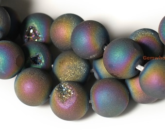 15" 8mm/10mm Plating Titanium Rainbow Druzy Agate round beads, matte Titanium Rainbow color druzy agate