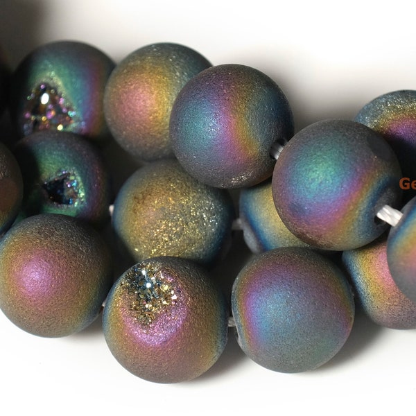 15 "8mm/10mm placage titane arc-en-ciel Druzy Agate perles rondes, agate druzy couleur arc-en-ciel titane mat