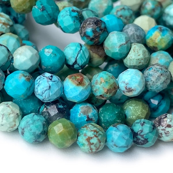 15.5" 4mm Natural HuBei turquoise round micro faceted beads, green blue multi color gemstone jewelry beads YGLO