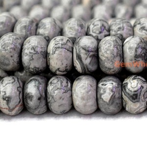 15,5 "8 x 12 mm Natürliche graue Landkarte Steinrondelle Perlen, Natürliche graue Karte Steinscheibenperlen, graue verrückte Spitze Jaspis Rondelle Perlen 8 x 12 mm QGCO